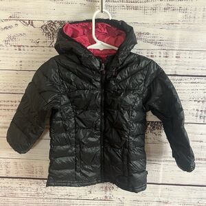 Sugarfly Girls M 7/8 Black Down Puffer Jacket Pink Lining Hooded Winter Coat
